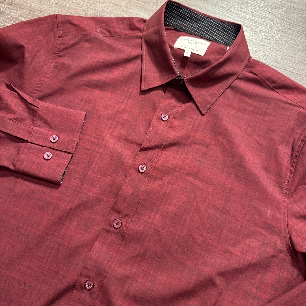 CON.STRUCT Shirt Men L Burgundy Poly Spandex Stretch Performance Slim Fit Preppy